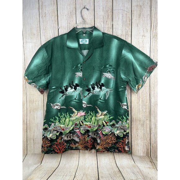 Men Graphic Coral Reef Shirt Button Front XL Tropical Fish Hawaiian 100% Cotton - Picture 2 of 11